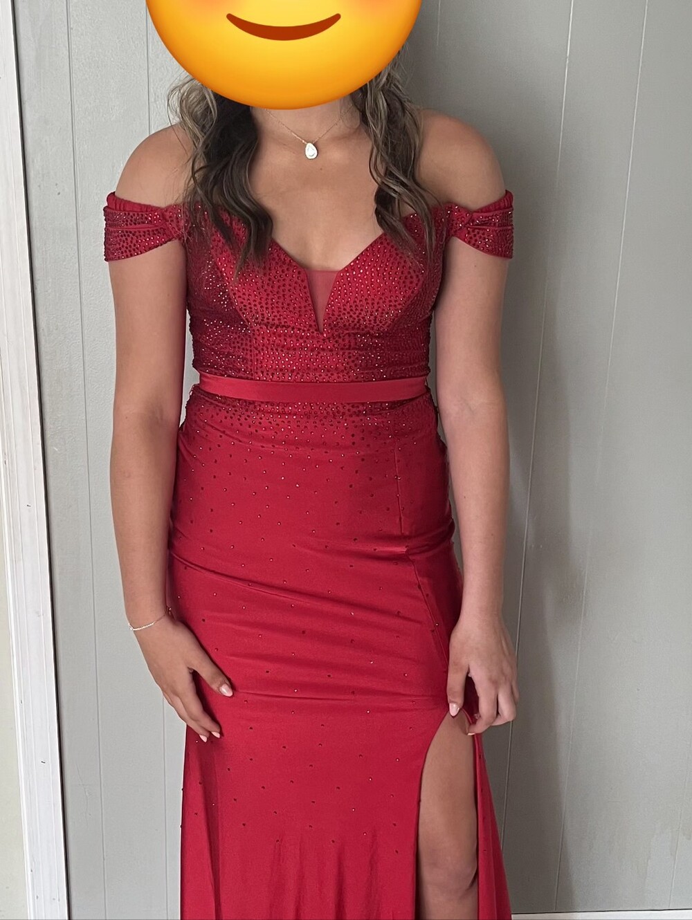 Off-Shoulder Red Prom Dress with Side Slit and Beaded Detail